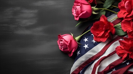 The American flag and roses on the table. The symbol of the United States of America. Patriotism and memory.