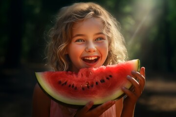  Happy girl eating watermelon. Summertime