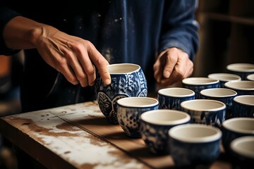 A pair of hands carefully arranging a collection of handmade ceramic mugs. - obrazy, fototapety, plakaty