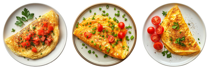 Three various omelets with fresh herbs and tomatoes on transparent plates, top view on a transparent background, perfect for breakfast or brunch concepts