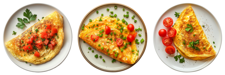Three various omelets with fresh herbs and tomatoes on transparent plates, top view on a transparent background, perfect for breakfast or brunch concepts
