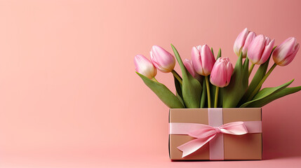 Pink Tulip Bouquet Flowers and Surprise Gift Box on a Pink Background