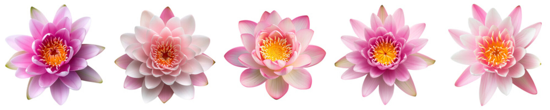 Five vibrant pink water lilies isolated on transparent background, perfect for botanical themes or tranquil spa-related designs