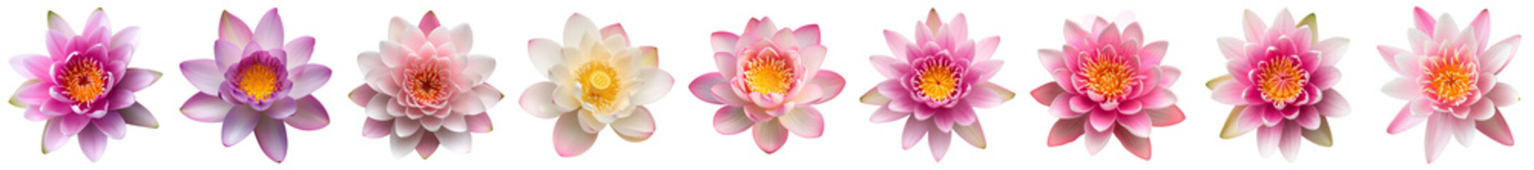 Assorted water lilies on a transparent background, showcasing a range of pink hues, perfect for spring-themed designs and decor