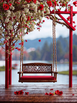 A wooden swing is hanging from a structure with flowers