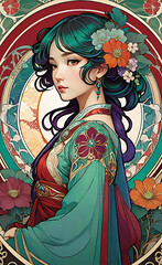 Fototapeta premium Vector illustration, art nouveau style with floral pattern in retro vintage style with decorative ornaments, illustration with a beautiful girl (different nationalities) in art nouveau style, 