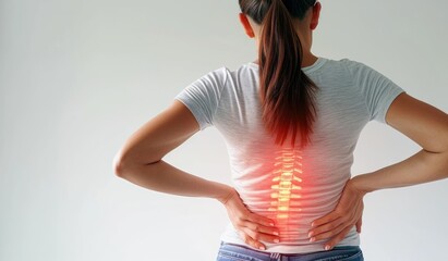 Woman touching painful back suffering from spine pain due to osteoposis, degeneration, cancer or disc disease. Healthcare and health insurance concept. - obrazy, fototapety, plakaty