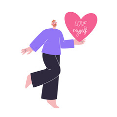 Happy man with a heart in his hand. Love myself concept. St Valentine Day celebration illustration