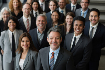 Smiling big team businesspeople looking a camera.