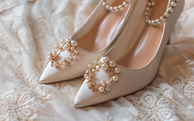 Weddings women white shoes with a heels with a flowers and pearls. Concept of Wedding, accessorize