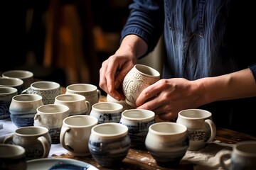 A pair of hands carefully arranging a collection of handmade ceramic mugs.