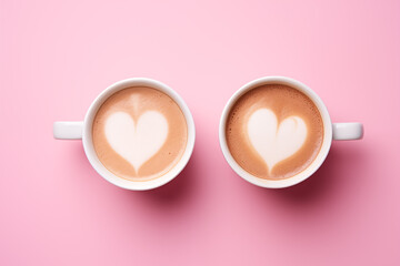 Two cups of coffee with heart shape foam latte art on pink background. Valentine's day or coffee lover concept. Top view. Generative ai. - obrazy, fototapety, plakaty