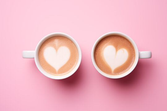 Two cups of coffee with heart shape foam latte art on pink background. Valentine's day or coffee lover concept. Top view. Generative ai.