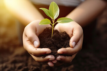 Earth Day, Human Hand Holding Soil with Newborn Small Tree, Young Plant Growing in Morning Sunlight, Aerial View with Blur Background for Plantations, Environment Day