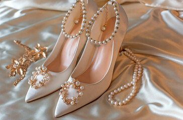 Weddings women white shoes with a heels with a flowers and pearls. Concept of Wedding, accessorize
