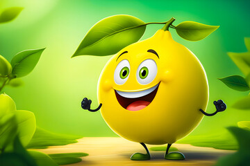 Adorable smiling lemon, healthy organic food. Cartoon character on a green background
