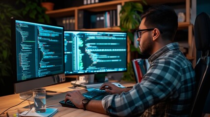 IT Programmer Working on Desktop Computer. Male Specialist Creating Innovative Software Engineer Developing App