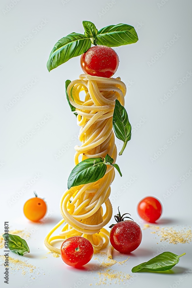 Poster a minimalistic still life concept: a neatly arranged stack of spaghetti adorned with fresh tomatoes 