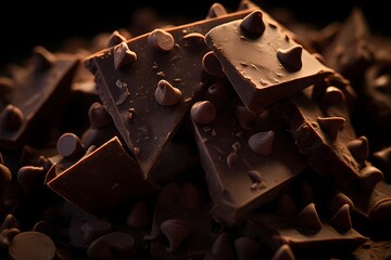A macro shot of chocolate chips scattered on a dark background, forming an abstract constellation of sweet indulgence.