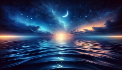 A beautiful view of the Sun, Moon and Stars in Harmony Over the Calm Reflection of the Waters