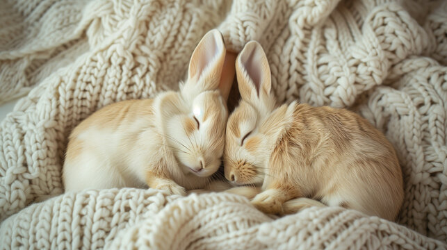 Two adorable rabbits sleeping together on white knitted background, top view, closeup, Generative AI