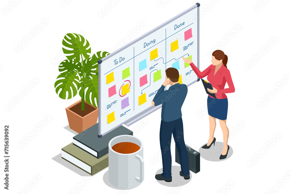 Poster isometric project manager updating tasks and milestones progress planning. digital calendar schedule