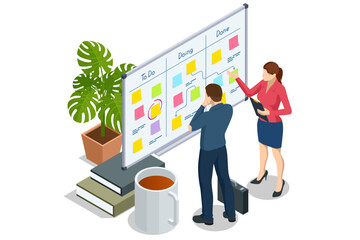 Isometric Project manager updating tasks and milestones progress planning. Digital Calendar Schedule. Schedule for plan tasks and progress. Strategy for construction and operations