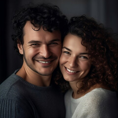 Portraits of a happy brunette couple in love. Day of romance, family. - 715639219