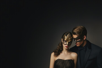 Mysterious Elegance: A Couple in Venetian Masquerade Masks Poster or Sign with Open Empty Copy Space for Text 

