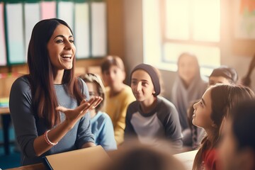 A teacher leading a class discussion, encouraging students to express their thoughts and opinions. - obrazy, fototapety, plakaty