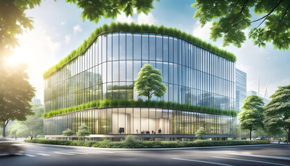 Ecological building in a modern city, 3D-rendering, a stable glass office building to reduce carbon dioxide, an office building with a green environment, - obrazy, fototapety, plakaty