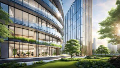 Ecological building in a modern city, 3D-rendering, a stable glass office building to reduce carbon...