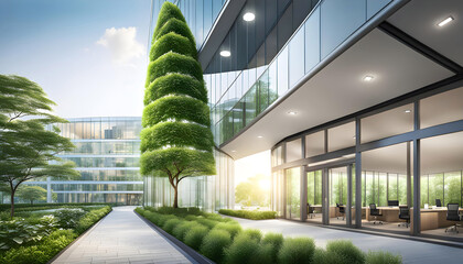 Ecological building in a modern city, 3D-rendering, a stable glass office building to reduce carbon...