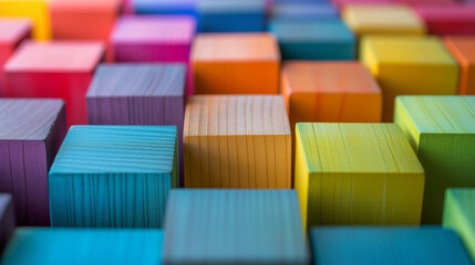 Obraz premium Array of colorful wooden blocks in a wide format. Laid out in a pattern on a plain background. Ideal for a fun and engaging visual