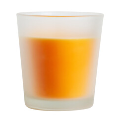 orange candle in a frosted glass with the scent of manlarine, orange, cinnamon or sandalwood. On a blank background