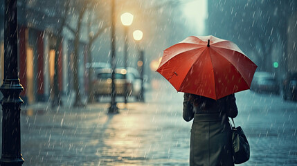Women's Day, Young Woman Holding Red Umbrella, Walking on Street on Rainy Day, City Landscape with Blur Background, Raincoat