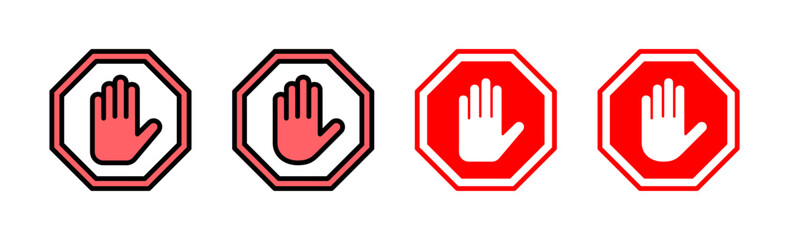 Stop icon set illustration. stop road sign. hand stop sign and symbol. Do not enter stop red sign with hand