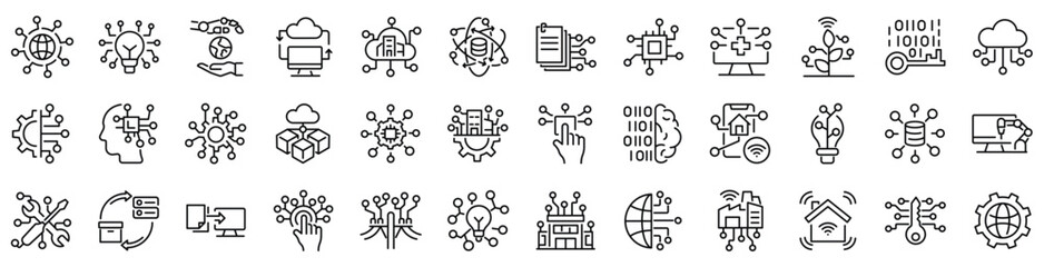 Set of outline icons related to digital transformation. Linear icon collection. Editable stroke. Vector illustration - obrazy, fototapety, plakaty