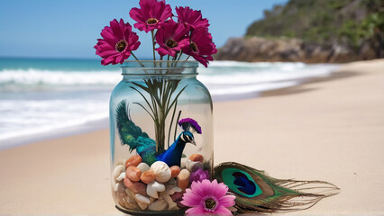 A Captivating Peacock Flower Jar Amidst Beach Serenity AI GENERATED