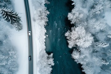 Aerial top view of snow winter road with cars over blue river.