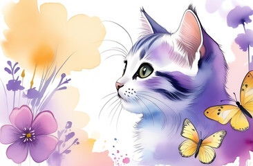 Small kitten (close-up), butterflies, flowers in watercolor technique against a background of pastel shades. Postcard, cover, animal illustration. Place for inscription