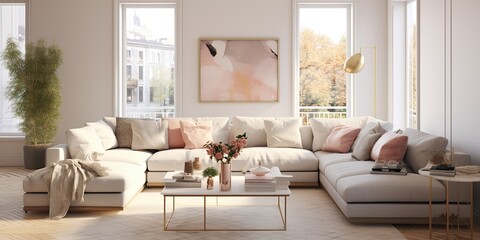 Fototapeta na wymiar Living room Luxurious light gray sofa