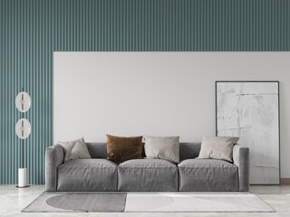 Mock up of an ideal spacious living room with a large comfortable sofa and a stylish modern background, 3D rendering.