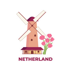 illustration of 2 iconic things at netherland ; windmill and tulip flower