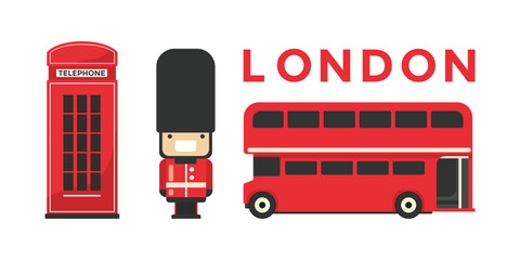 illustration of iconic red things at london; the red telephone box; a royal guard; the london bus