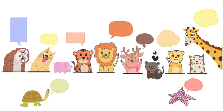happy cute smiley little animals cartoon set, cute little jungle animals vector isolated design. cartoon with speech bubble, dialog box.