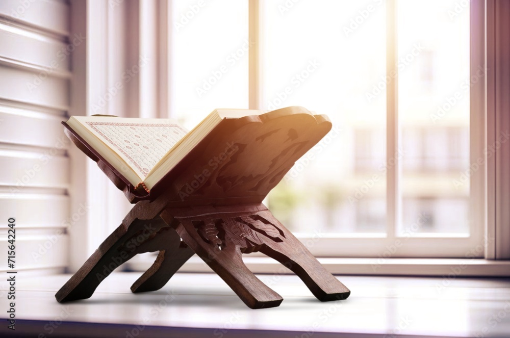 Sticker Islamic concept with Quran book on wooden stand