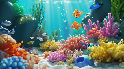 Obraz na płótnie Canvas Underwater Wonderland: An Animated Playground Beneath the Sea, Where Sea Creatures Play Hide and Seek Among Vibrant Coral Reefs, Creating a Magical Underwater Adventure