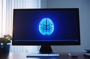 Desktop Computer Monitor with Blue Neon Brain Standing on the Desk in the Modern Business Office. Online courses, training, e-learning and education creative concept. Human Intelligence, Webinars Idea