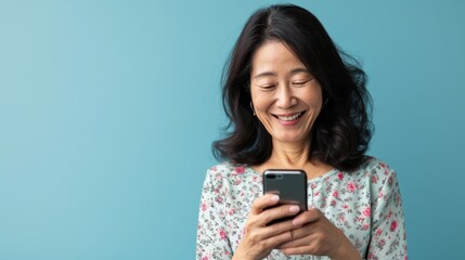 A middle-aged Asian woman, with a pleasant smile, looks at her smartphone against a light blue background, expressing happiness and positivity